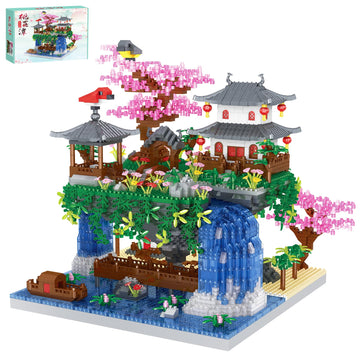 Samyblocks 3600Pcs Micro Mini Blocks Peach Blossom Pond Bonsai Tree Kit,Traditional Architecture Building Blocks,Exquisite Cherr