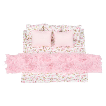 7 Piece Dollhouse Bedding Set, Comforter Blanket, Pillows And Bed Runner, 1/12 Scale Dolls Bed Linen (Pink Set)