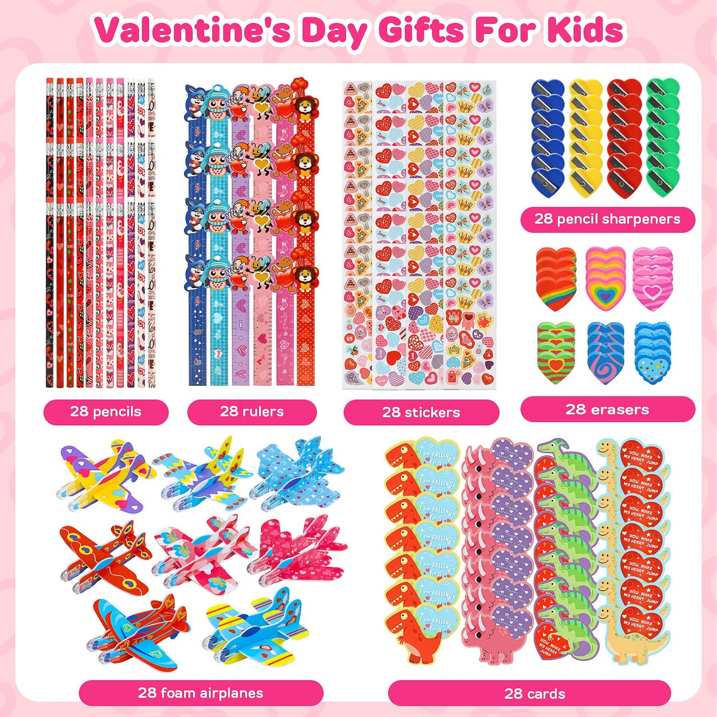 TOY Life 224 Pcs Valentines Day Goodie Bags for Kids Valentines Day Gifts for Kids Classroom Exchange 28 pack Valentines Day Gif