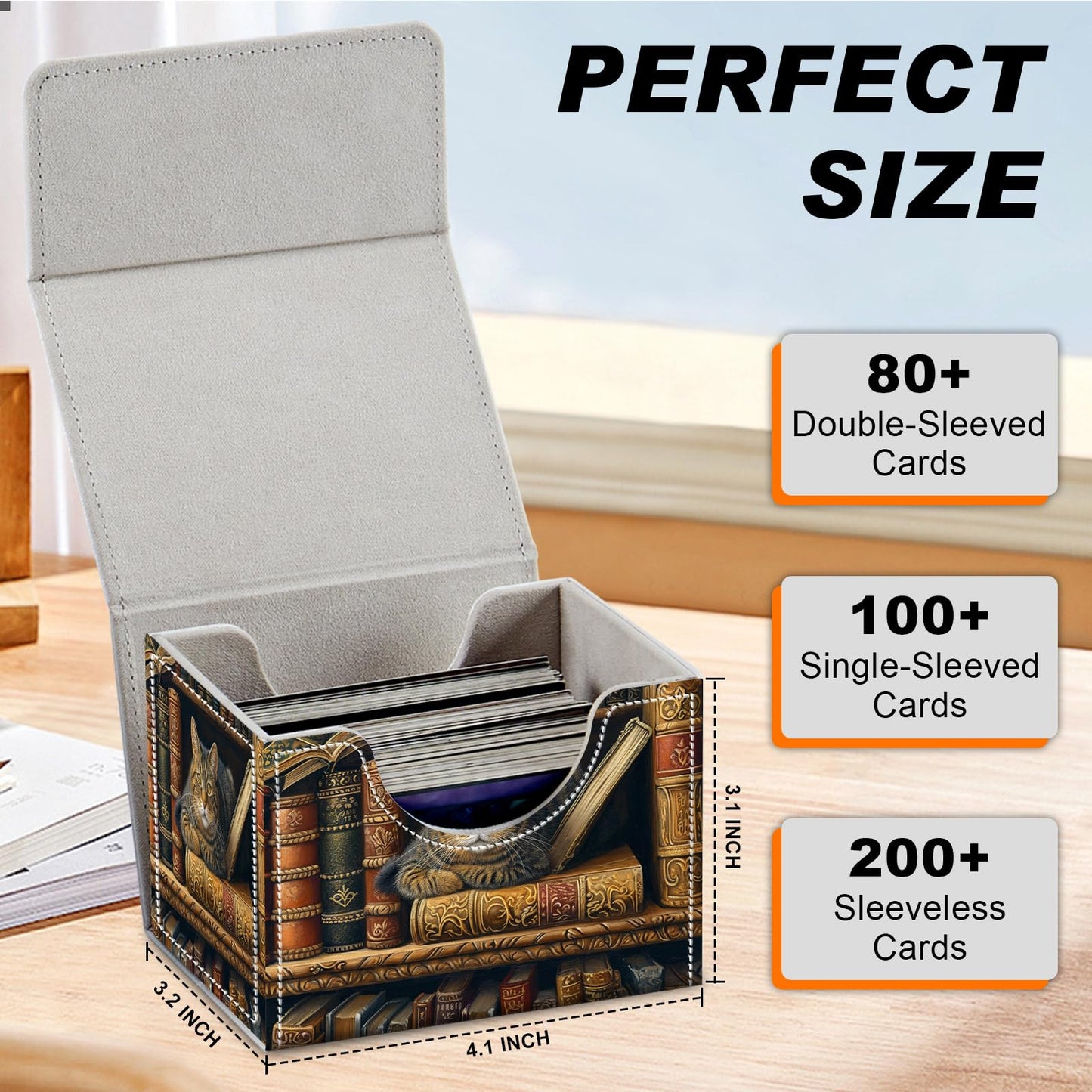 Card Game Storage Box for TCG Commander Deck Box MTG Card Box Organizer Trading Card Case TCG Card Storage Box Magnetic Closure Creative Pattern  Cat Books On Top Of Bookshelf