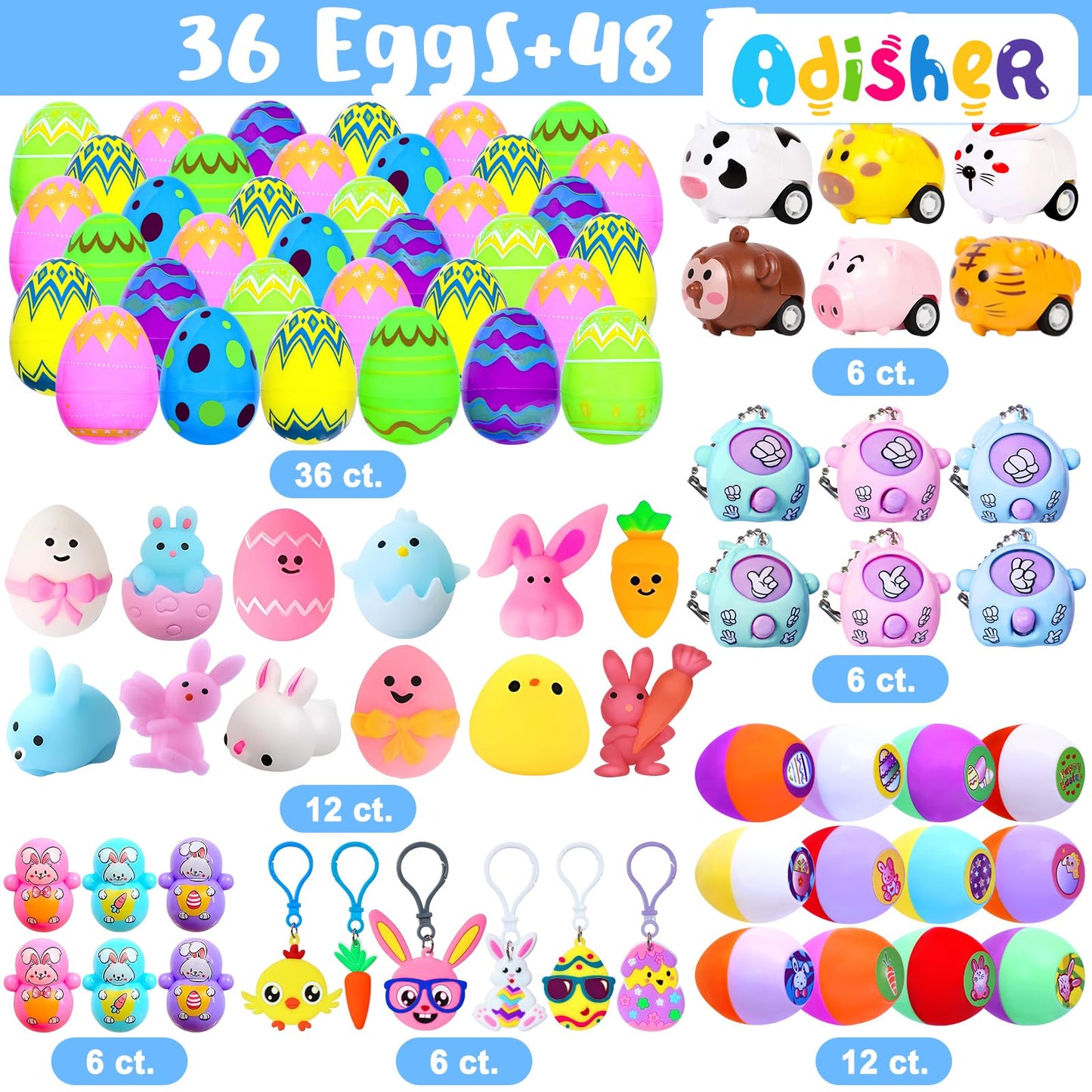 48 Pack Easter Egg Fillers,Easter Basket Stuffers With Assorted Easter Squishies And Stampers,Easter Party Favors,Easter Egg Hun