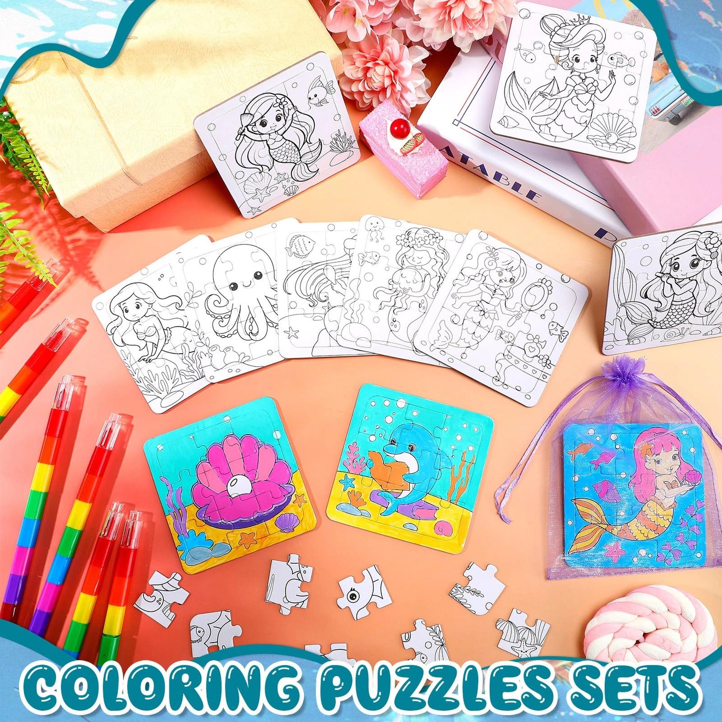 Fullhawl 12 Sets Mermaid Puzzles Underwater Color Your Own Puzzles DIY Jigsaw Crafts with 12 Stackable Crayons and 12 Bags for Under The Sea Theme Gifts Birthday Party Supplies(12  Mermaid)