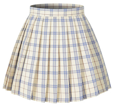 Girlss Short Pleated Plaid Costumes Skirt(Beige Dark Brown Mixed Blue,Small)