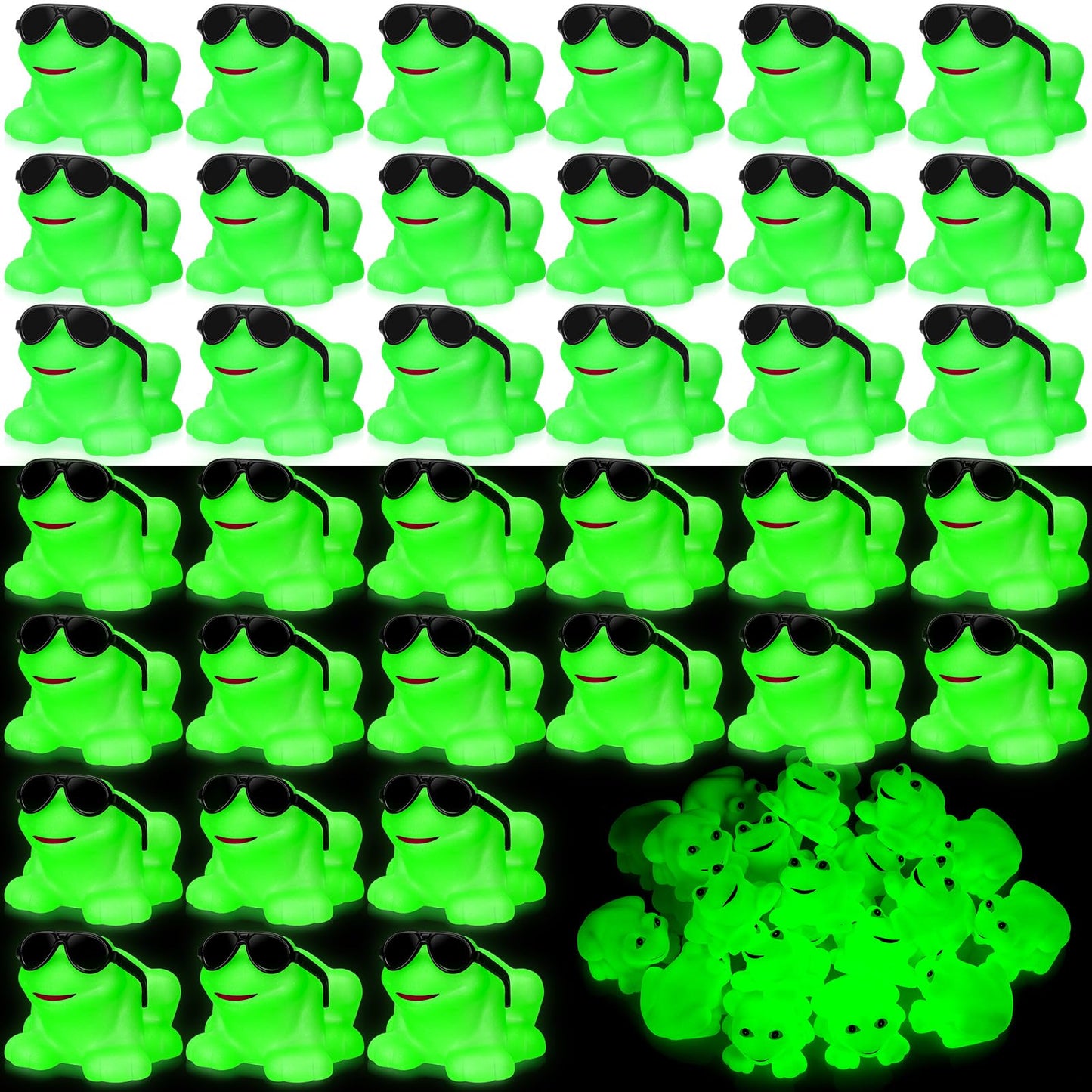 Halloscume 36 Pack Rubber Frogs Squeak and Floating Mini Glow in The Dark Frogs with Glasses Cute Bathtub Toys Swimming Bath Toy