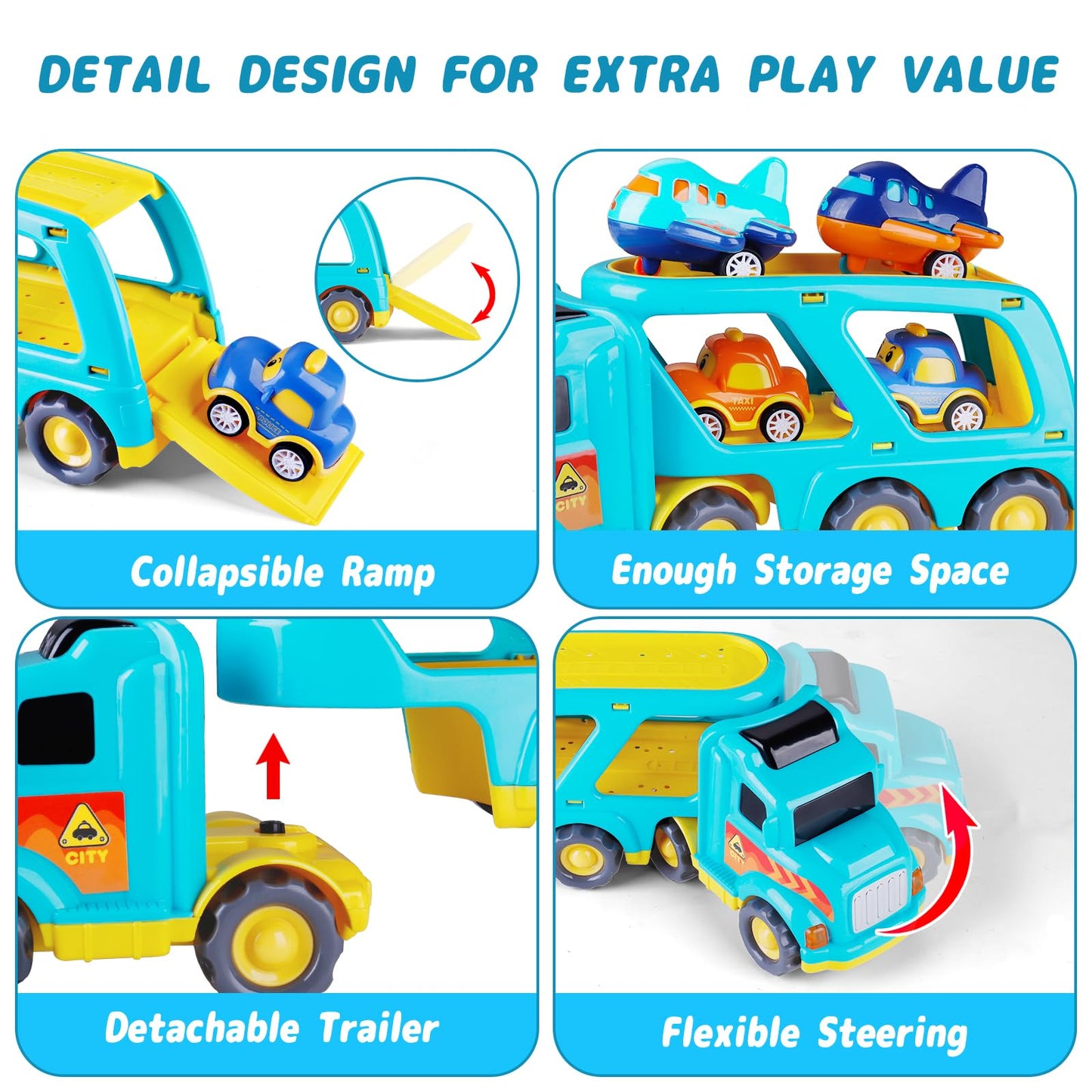 SHAWE 5 in 1 Toys Cars for 3 4 5 6 Years Old Toddlers Boys Girls Gifts, Transport Truck Toys with Sound & Light, Cute Pull Back
