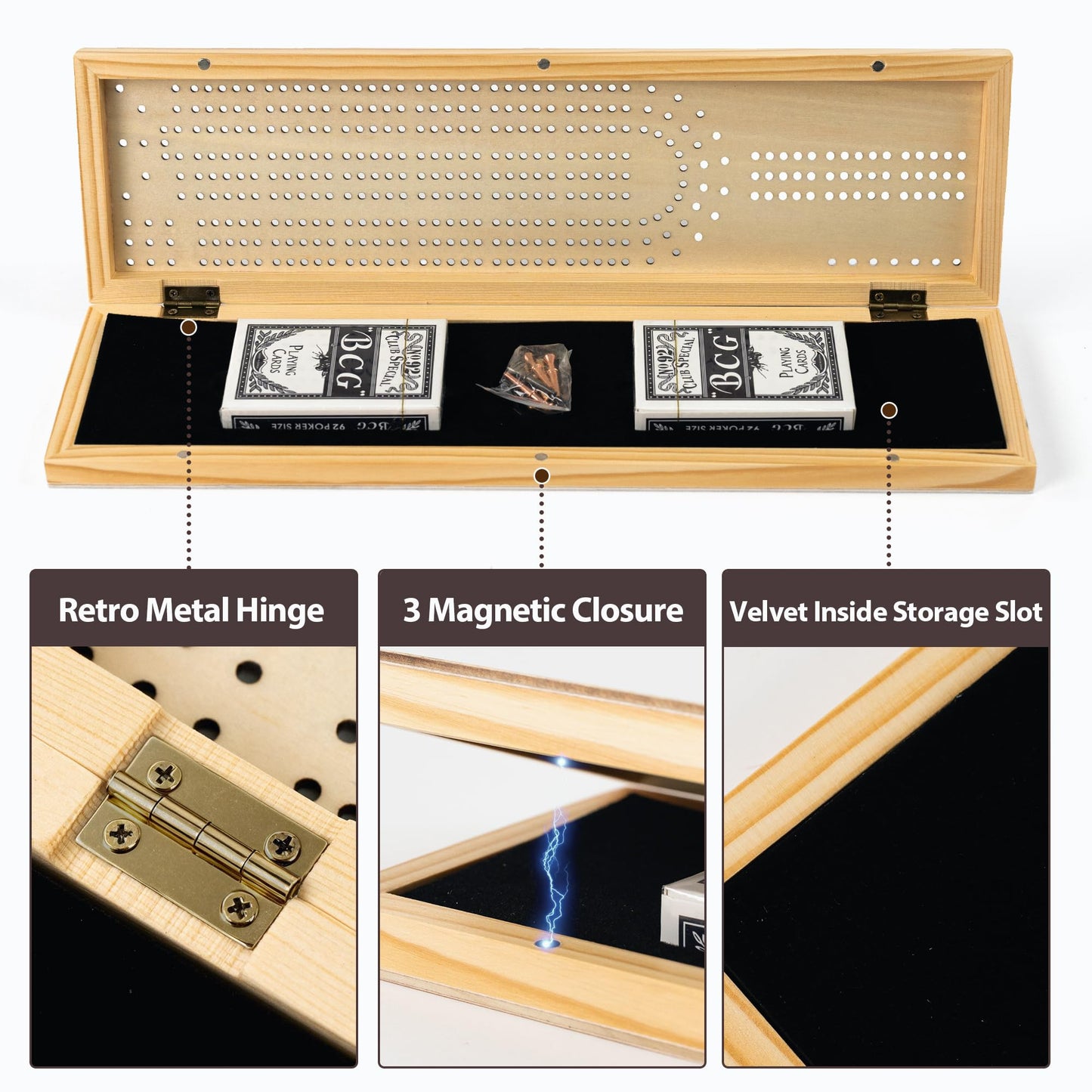 Cribbage Board Game Set  3-Track enhanced Wooden Cribbage Board with Magnetic Lock & Large Storage  9 Metal Pegs  2 Decks of Playing Cards - Classic Board Games for mature-themeds Family (Instruction Include)