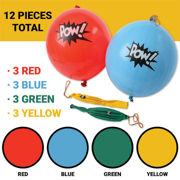 U.S. Toy Lot Of 12 Assorted Color Comic Book Super Hero Design Punch Balloons,blue, red, yellow, green