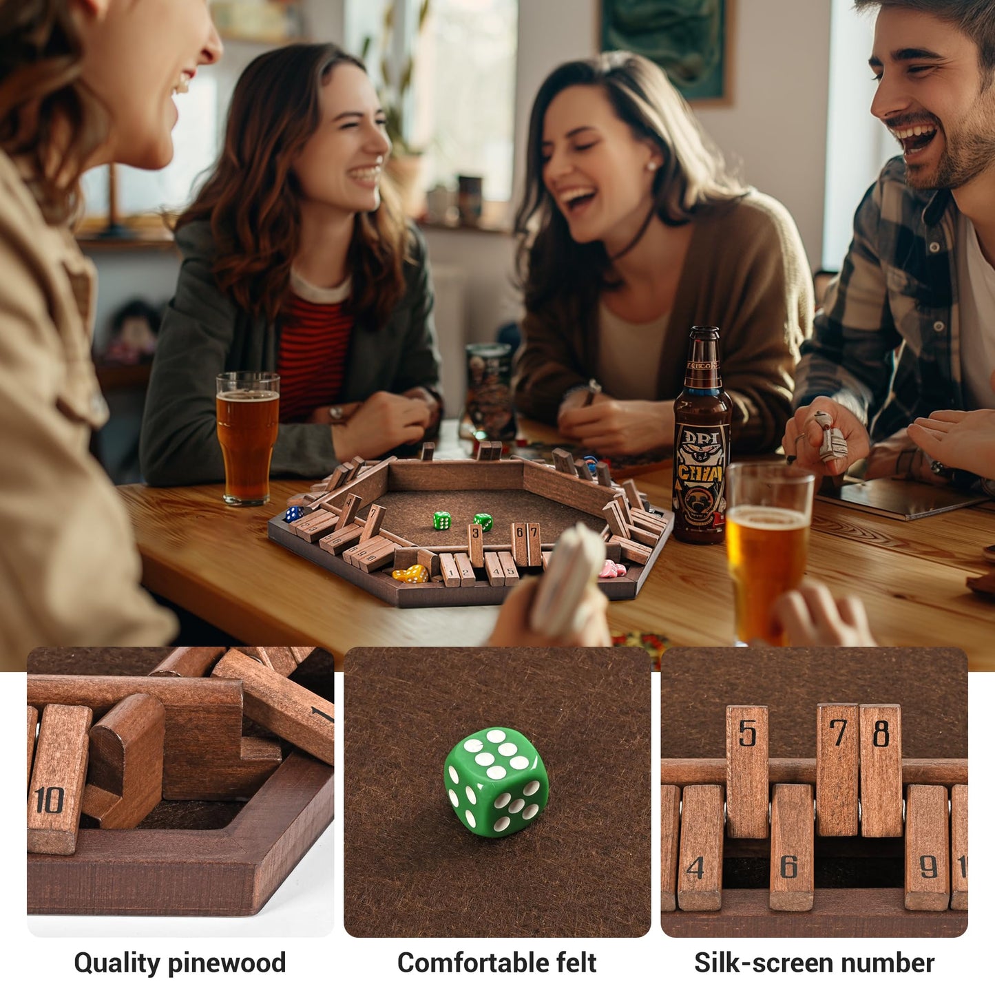 ropoda 6-Way Shut The Box Game - Wooden Dice Game for 1-6 Players, Vintage Style, Fun for Adults and Kids, Brown Color