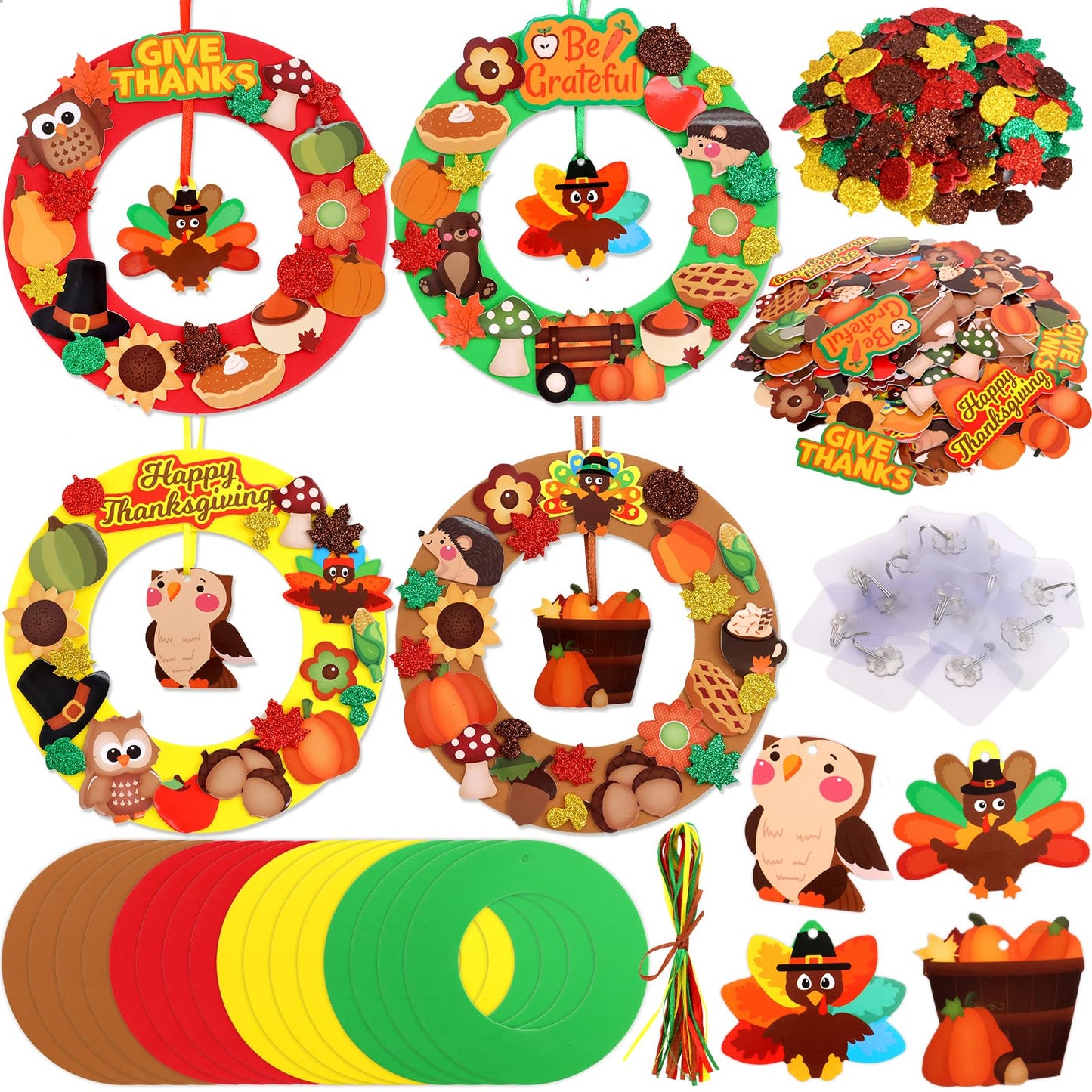 Fancy Land 16 Sets Thanksgiving Crafts for Kids Foam DIY Wreath Ornaments Craft Kits Fall Thanksgiving Activities Classroom Home
