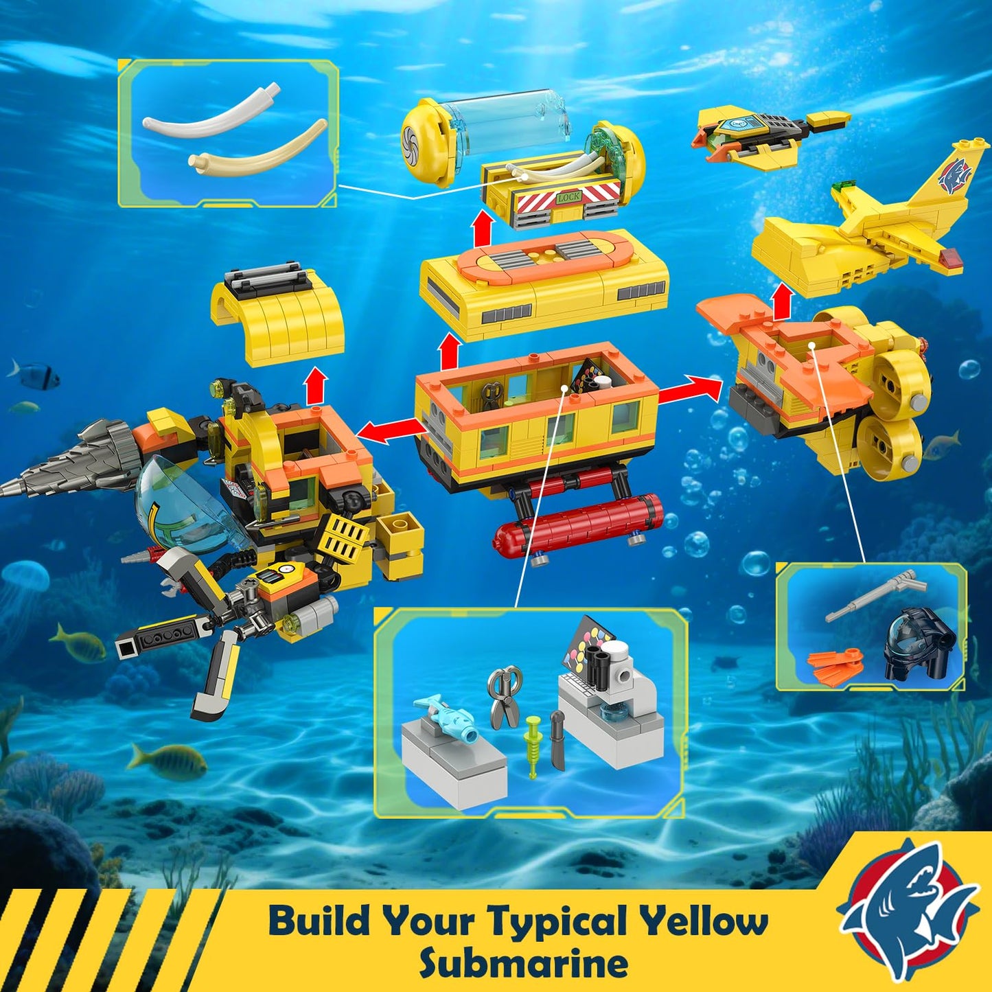 HOGOKIDS 3 Styles City Submarine Building Set with LED Light  Ocean Exploration Yellow Boat Sub Toy with 2 Sharks  Whale Skeleton and Ray Drone  Christmas Birthday Gift for Kids Boys Girls 8-14+