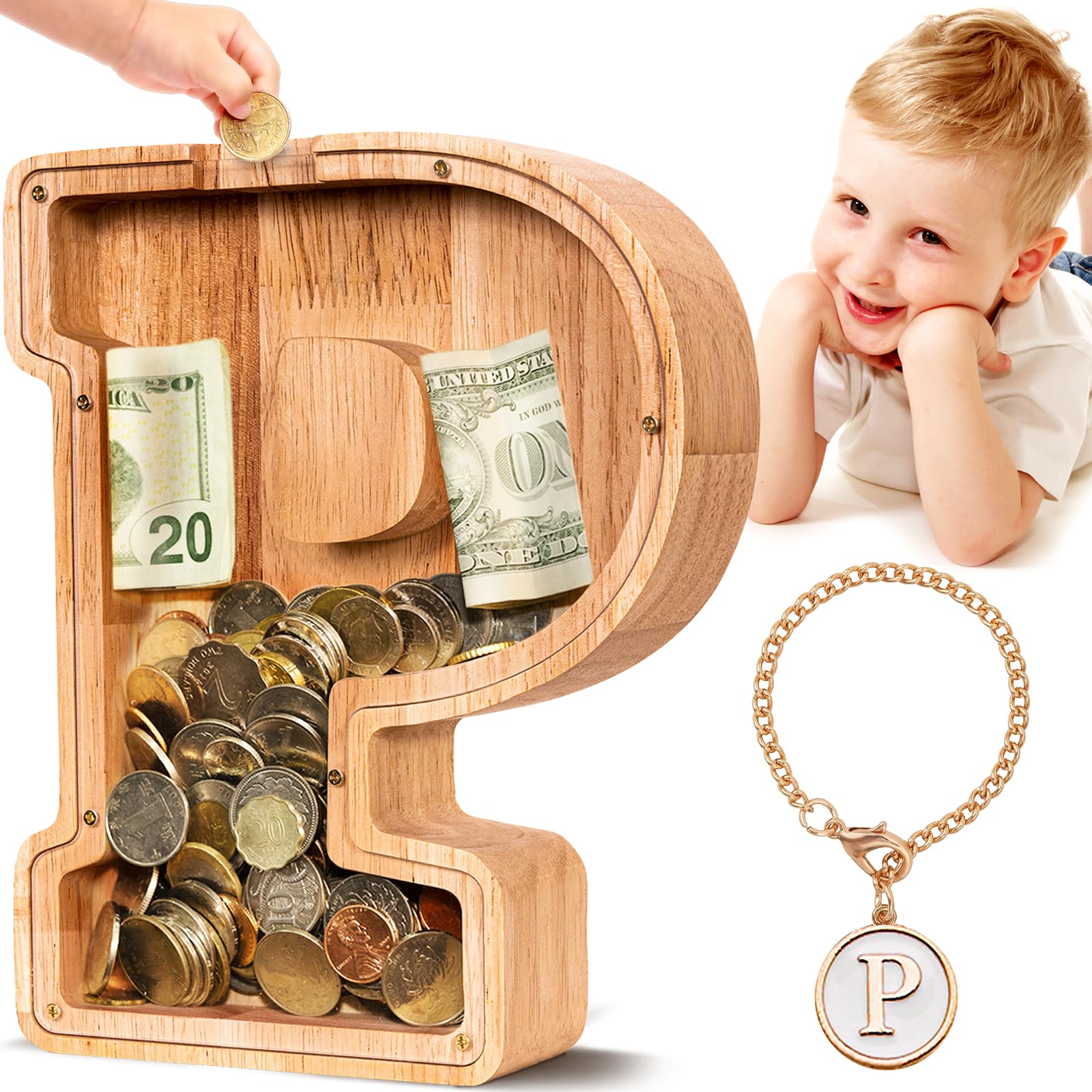 SummiDate Wooden Letter Piggy Bank| Piggy Bank for Boys Girls Toddler| Alphabet P Money Bank| Coin Bank Birthday Gift for Kids|Birthday Gift for Kids (P)