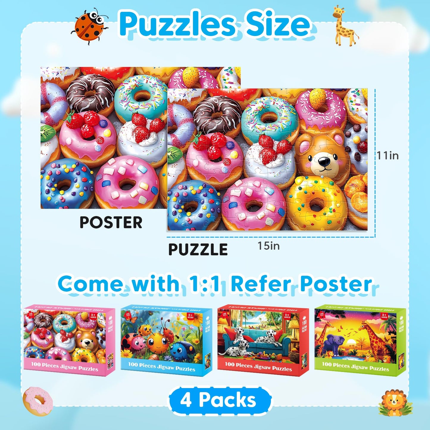 Ciavotie 4 Packs 100 Piece Puzzles for Kids Ages 4-6-8-10  Donuts Insects Dalmatians Animals Large Piece Jigsaw Puzzles for Children Senior mature-themed Educational Puzzle Toys Preschool Birthday Gifts