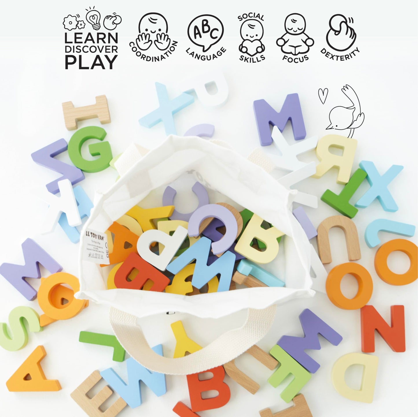 Le Toy Van - Wooden Letters In A Bag Toy, Plastic Free | Suitable For Age 18+ Months