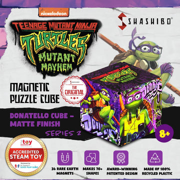 Shashibo Teenage Mutant Ninja Turtles Shape Shifting Box - Award-Winning, Patented Magnetic Puzzle Cube W/36 Rare Earth Magnets - Fidget Cube Transforms Into Over 70 Shapes (Donnie Series 2)