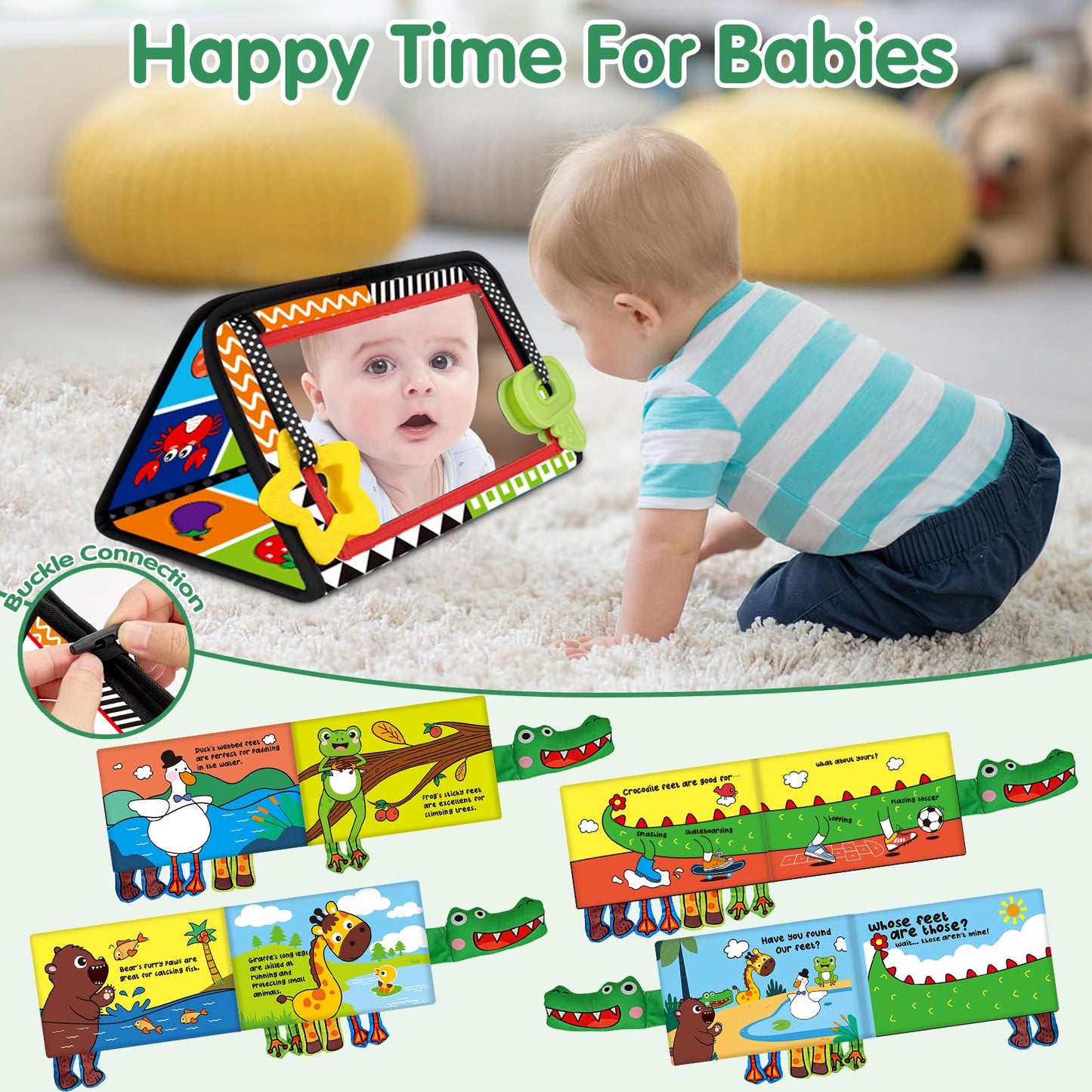 Arovan Tummy Time Baby Mirror Toy - Black & White High Contrast Infant Sensory Toy with Soft Activity Book & Teether for Newborns 0-3 Months