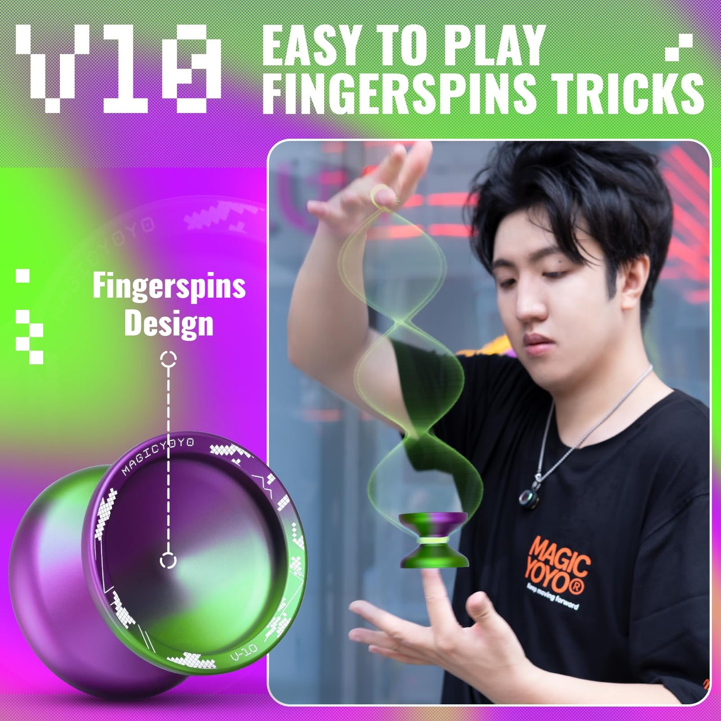 Magicyoyo V10 Black Blue Unresponsive Yoyo Professional Finger Spin Yoyo With 12 Yoyo Strings, Yoyo Case, Yoyo Glove(Purple Gree