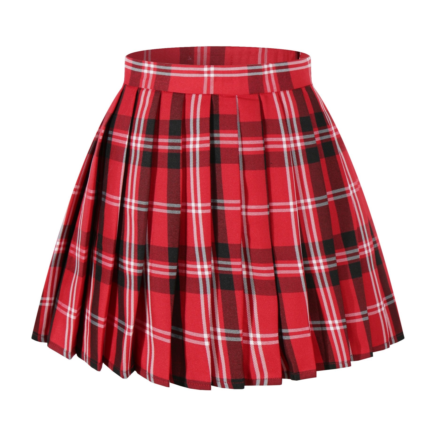 Beautifulfashionlife Womens Cosplay Costumes high waisted Plaid Pleated Skirts (2XL,Red black white)