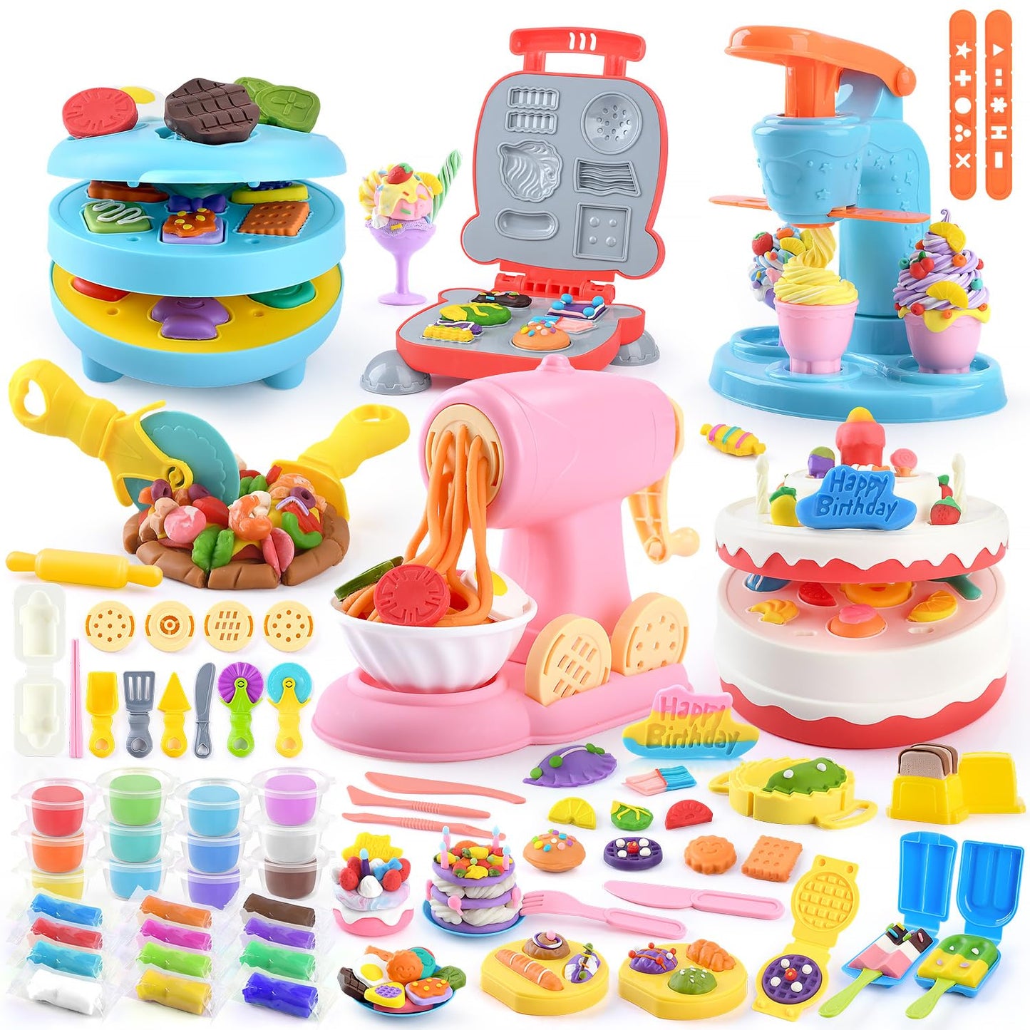 5-in-1 Color Dough Sets for Kids Ages 3+ DIY Food Maker Toys Set with 24 Dough, Arts and Crafts Kit for Pretend Play Ice Cream/C