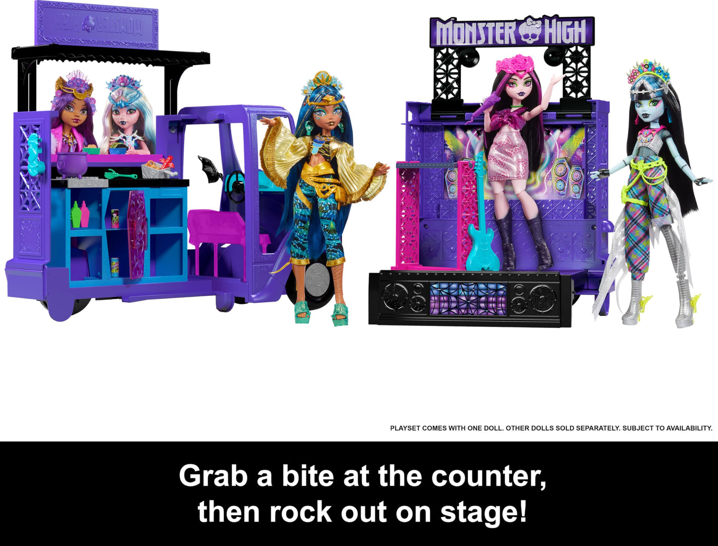 Monster High Draculaura Doll & Playset - Fangtastic Food Truck with Pullout Stage, 13+ Accessories, Multicolor, Model HXH83