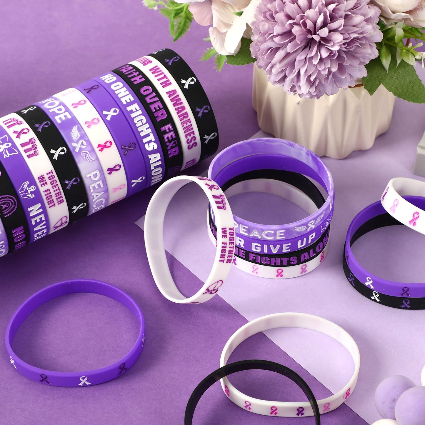 Junebrushs 42Pcs Purple Ribbon Awareness Accessories Silicone Bracelets Hope Faith Courage Wristbands For Lupus Domestic Violence Epilepsy Pancreatic Cancer Alzheimers Awareness Party Supplies