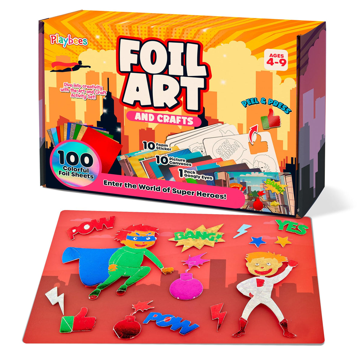 Playbees Foil Art Kit Superheroes  Preschool Arts and Crafts Kit for Kids No Mess Art for Boys & Girls Ages 4, 5, 6, 7, 8, 9 Y