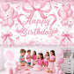 Cute Pink Bownot Birthday Party Backdrop Pink Bow Balloon Happy Birthday Banner Photography Background for Girls Teens Party Sup
