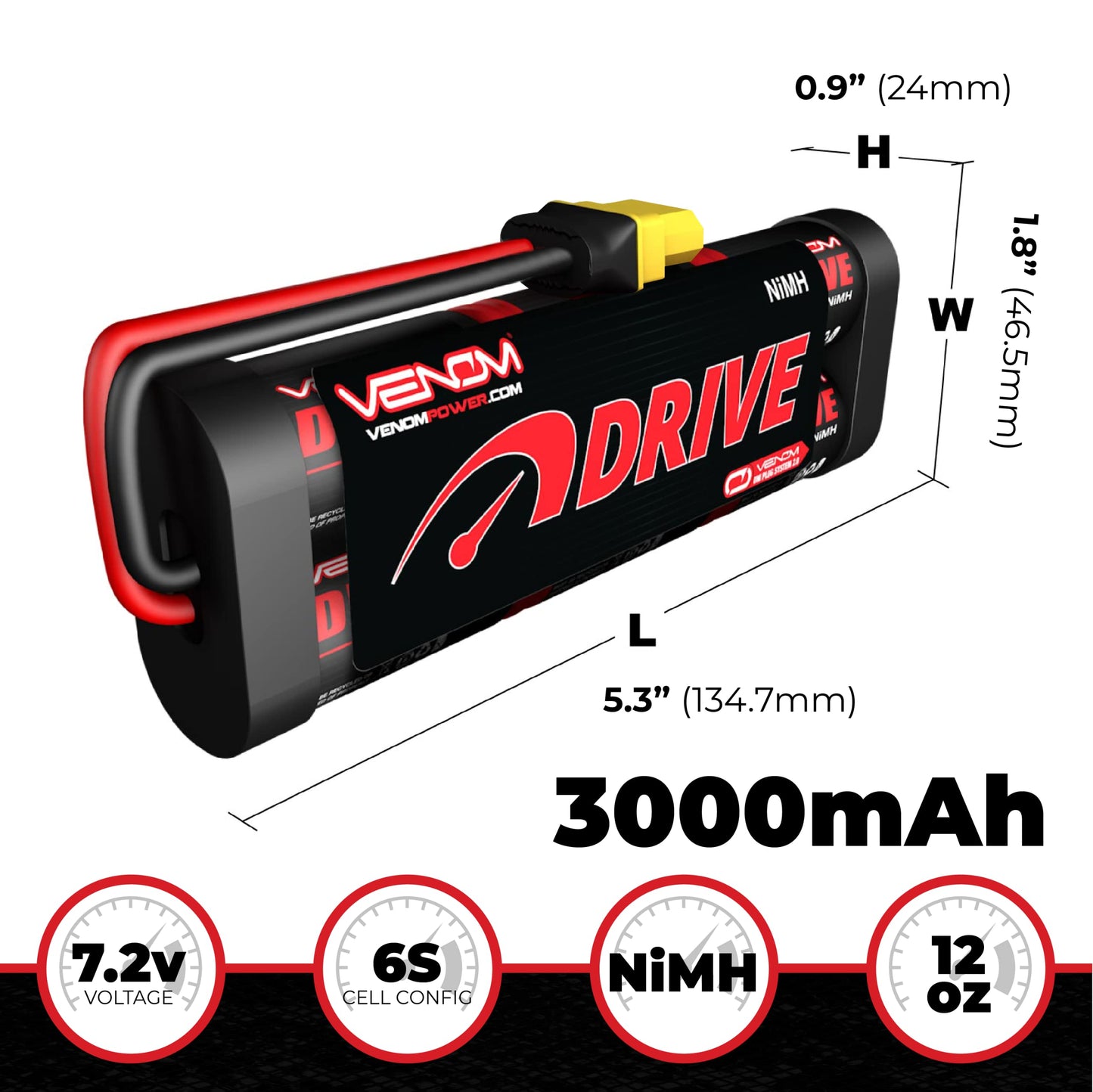 Venom Drive Series 6S - 3000mAh 7.2V NiMH Battery Flat - Universal 2.0 Plug, Nickel Metal Hydride 6 Cell - Silicone Connector &