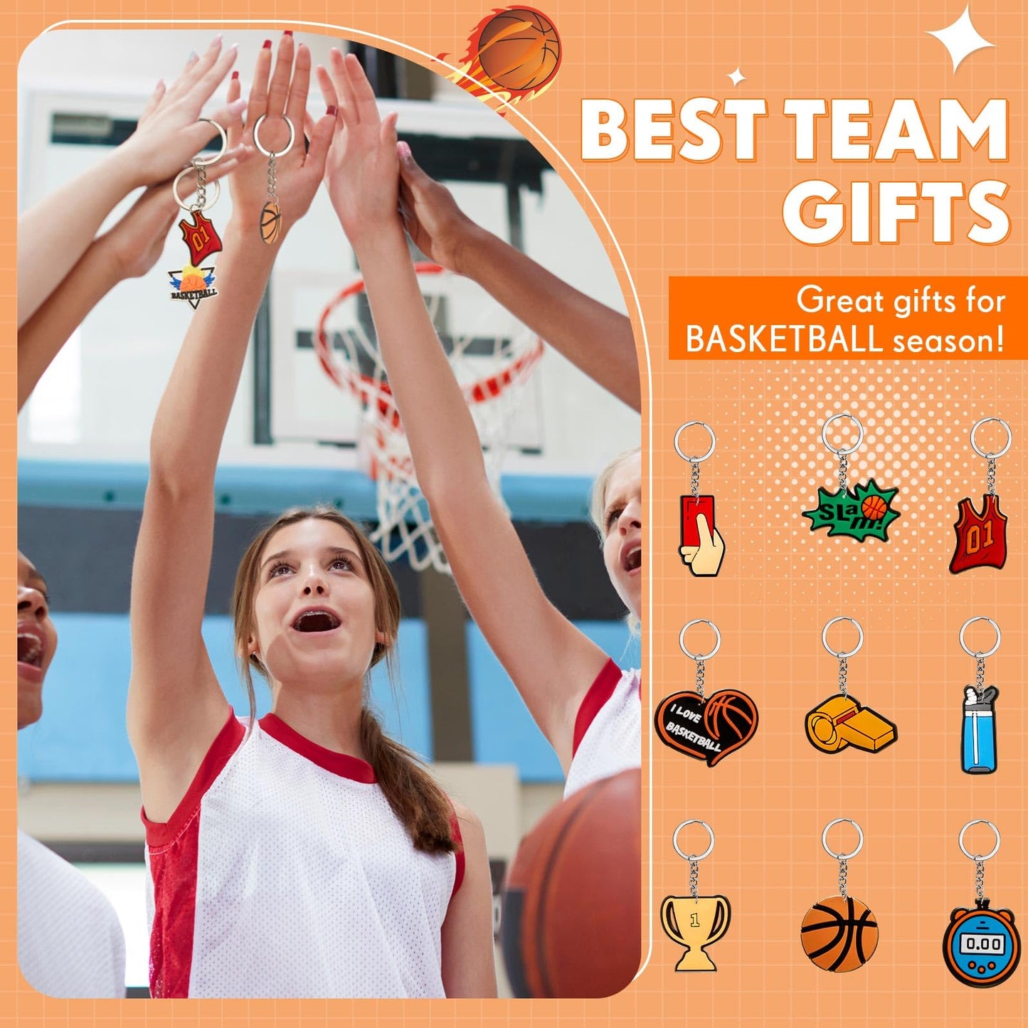 Batiyeer 36 Pack Sports Keychains Sports Ball Key Ball Keychain Bulk for Sports Birthday Party Favors (Basketball)