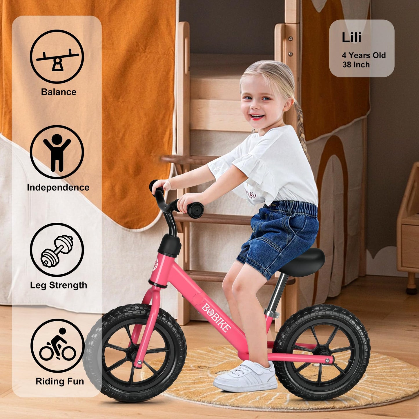 Bobike Toddler Balance Bike Toys For 2 To 5 Year Old Girls Boys Adjustable Seat And Handlebar No-Pedal Training Bike Best Gifts For Kids (Red)