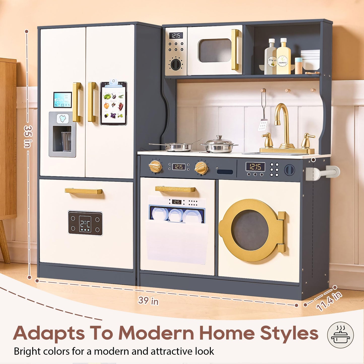 Kids Kitchen Playset With Realistic Design, Luxury Play Kitchen With Extended Storage Cabinets, Toy Kitchen For Toddlers With Co