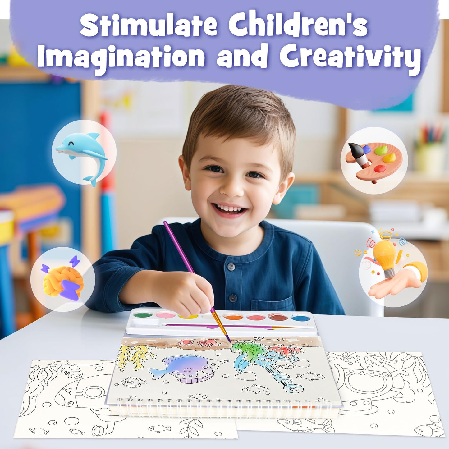 Mess Free Paint with Water Watercolor Book, Portable Spiral-Bound Painting Art Set Gifts for Kids, Travel Friendly