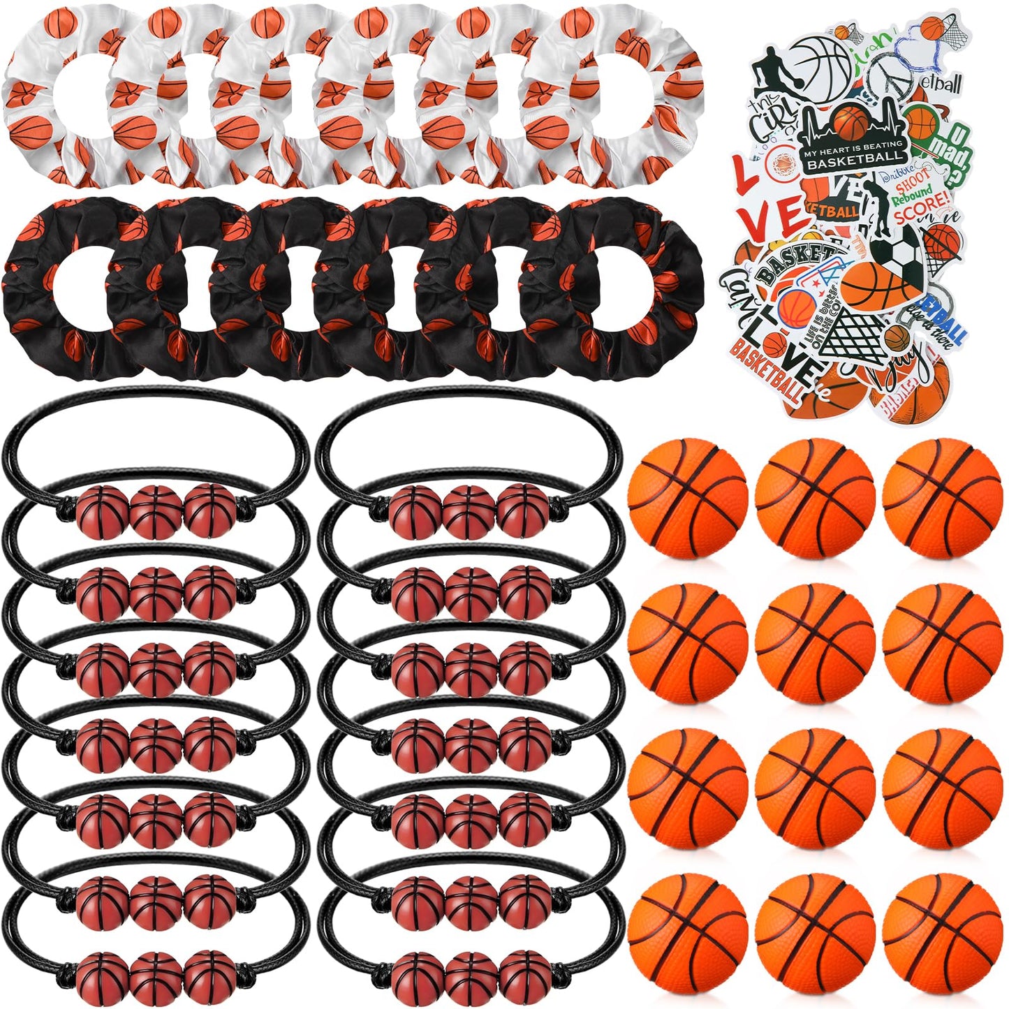 86 Pcs Basketball Party Favors, 50 Pcs Basketball Stickers, 12 Sports Stress Ball Mini Foam Ball, 12 Charm Bracelets 12 Scrunchi