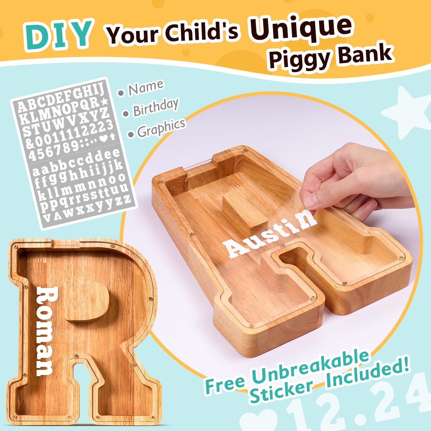 SummiDate Wooden Letter Piggy Bank| Piggy Bank for Boys Girls Toddler| Alphabet R Money Bank| Coin Bank Birthday Gift for Kids|Birthday Gift for Kids (R)
