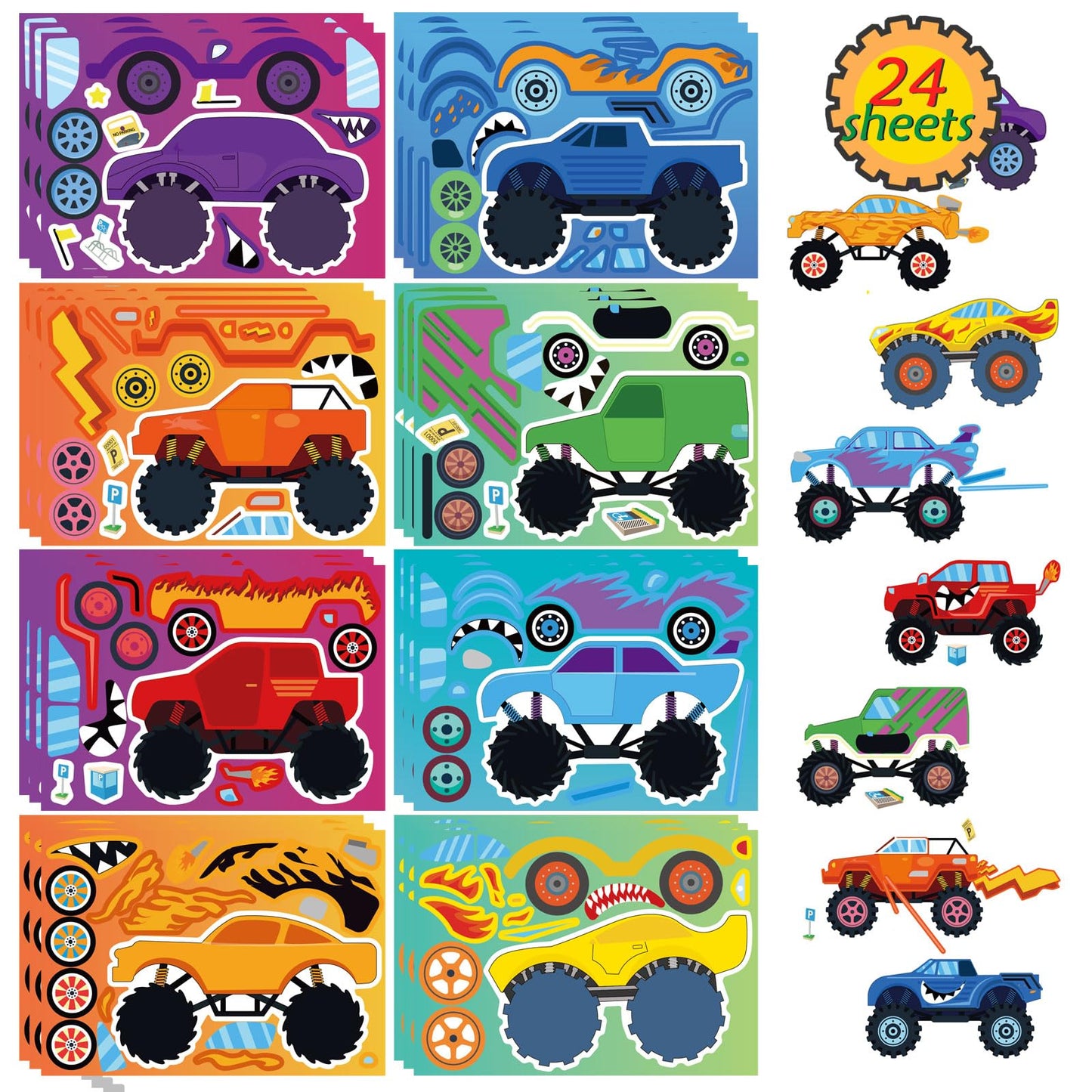 24 Sheets Monster Truck Sticker, Monster Truck Party Favor, Monster Truck Make Your Own Stickers Cartoon Truck Car Make-A-Face S
