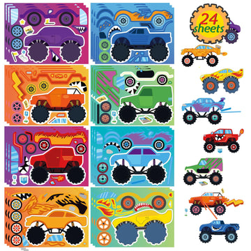 24 Sheets Monster Truck Sticker, Monster Truck Party Favor, Monster Truck Make Your Own Stickers Cartoon Truck Car Make-A-Face S