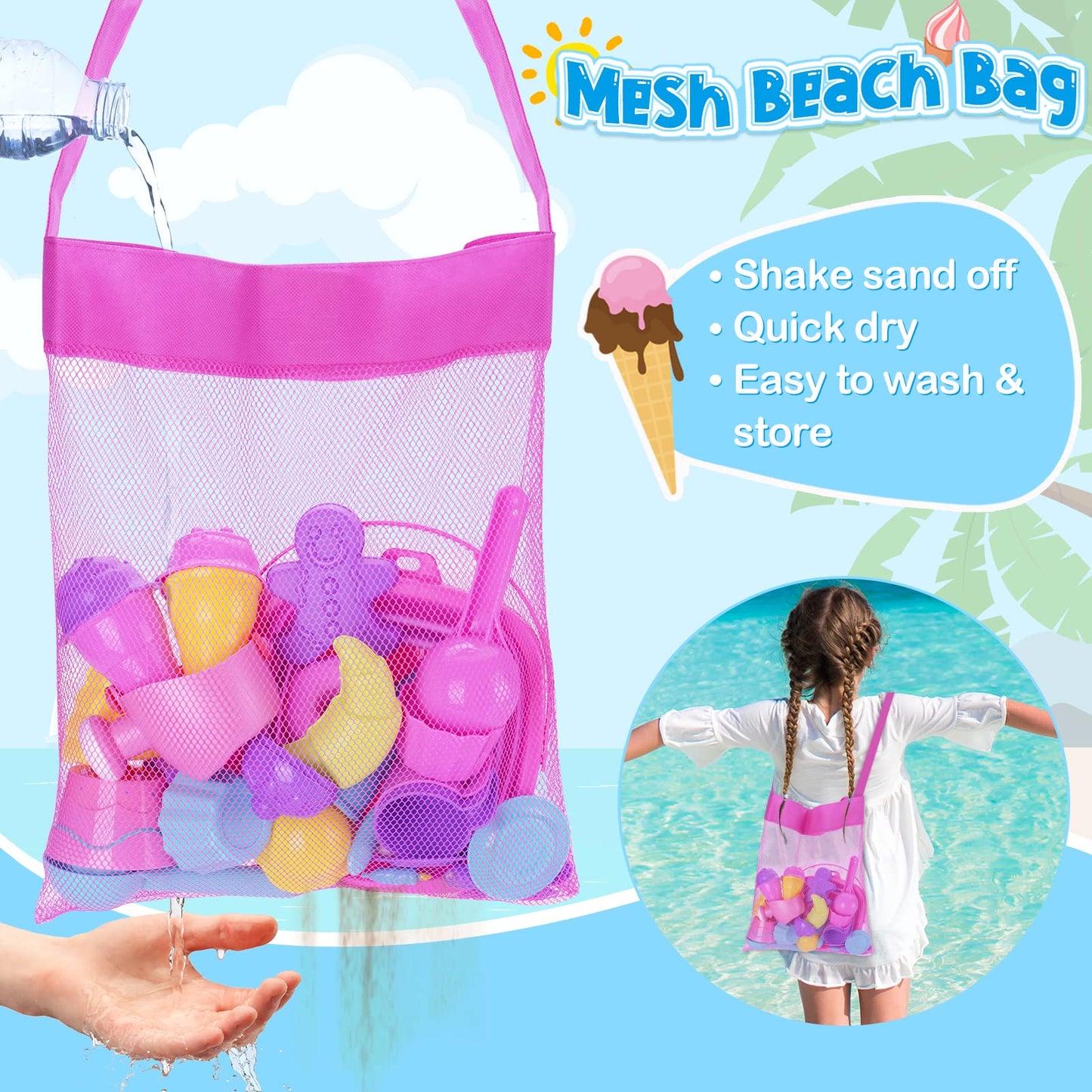 TSDATOWR Ice Cream Beach Toys Sand Toys Set for Kids, Collapsible Sand Bucket and Shovels Set with Mesh Bag, Sand Molds, Waterin