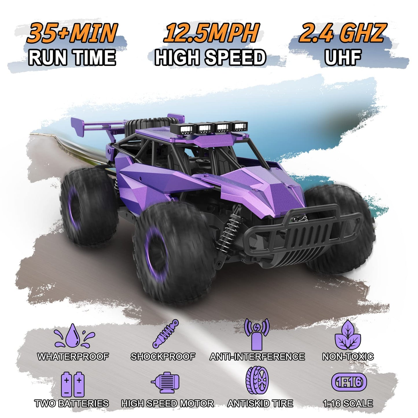 LARVEY 2WD 1:16 Scale Purple RC Car, 20 Km/h Speed, LED Lights, Rubber Tires, Amethyst Viper Color for Girls, Boys, and Adults
