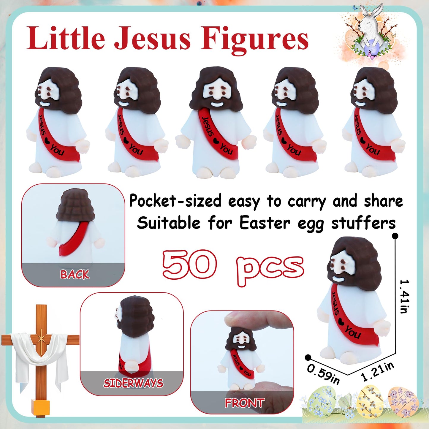 ILHSTY 50 Pcs Little Jesus Figures - Mini Rubber Jesus Toys Jesus Love You for Easter Egg Fillers Egg Hunts Religious Party Favo