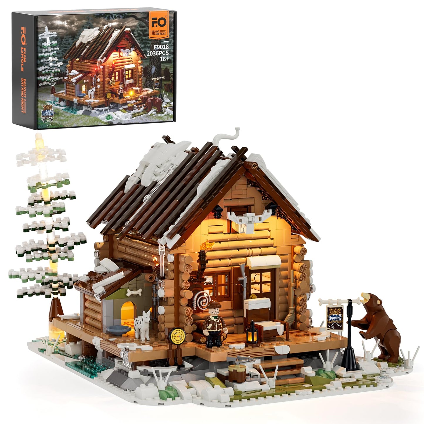 FUNWHOLE Retro Wooden Cabin LEGO Set - 2036 Pcs LED Light Model F9018 for Adults & Teens