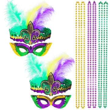 Whaline 10Pcs Mardi Gras Accessories Set Sequin Feather Headband, Toy Mask And Purple Green Gold Beads Necklaces Adjustable Head