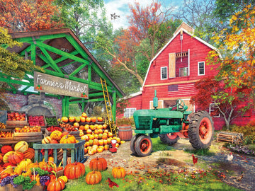 White Mountain - Farmers Market, 500 Piece Jigsaw Puzzle, Farm Puzzle, Big Red Barn, Pumpkins