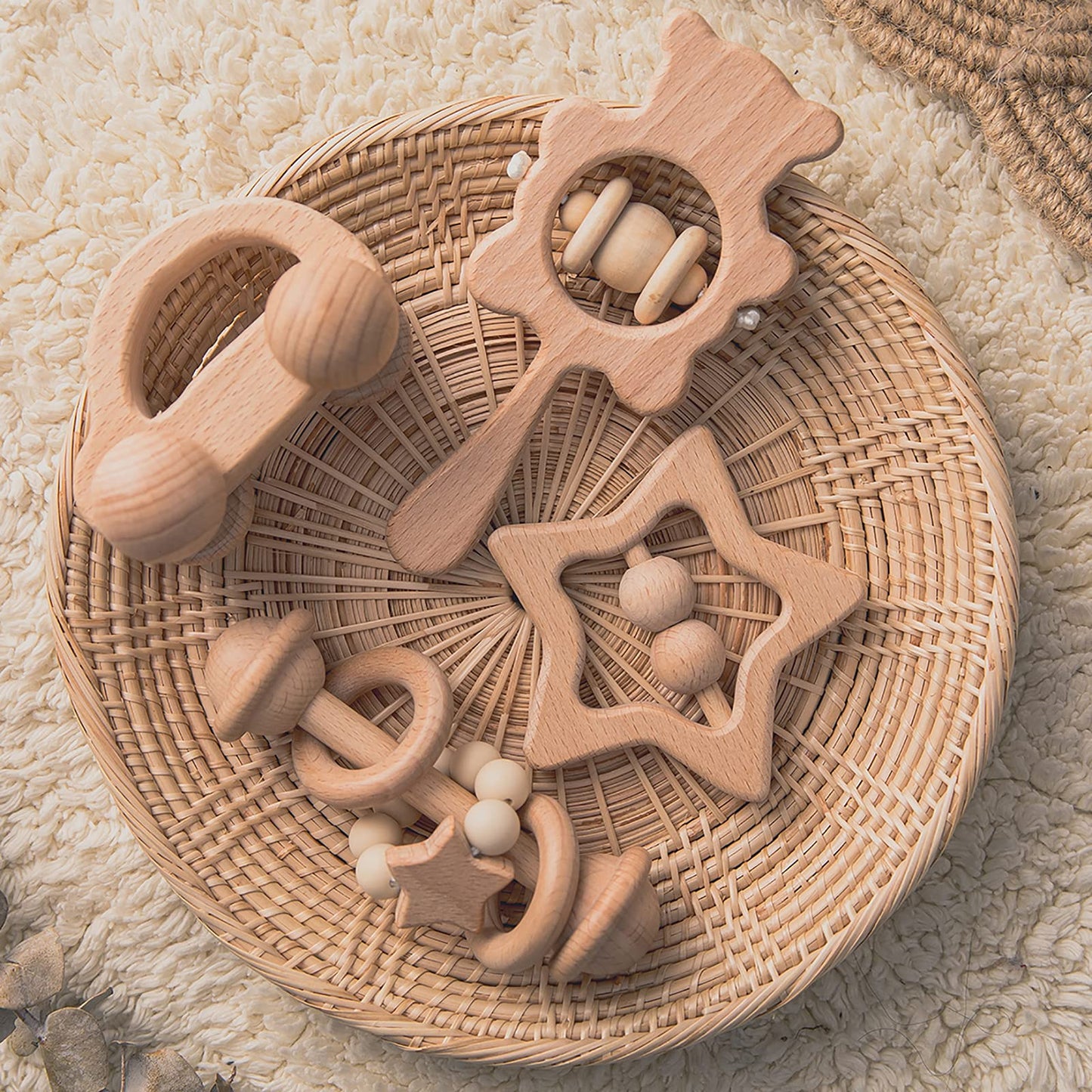 Hi Baby Monment Wooden Baby Toys Set, Wooden Rattle Set,4Pc Handmade Wood Toys,Baby Wooden Toys 36+ Months,Montessori Toys With Wood Car Baby Rattles,For Boys And Girls