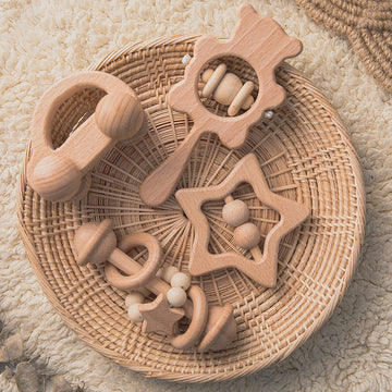 Hi Baby Monment Wooden Baby Toys Set, Wooden Rattle Set,4Pc Handmade Wood Toys,Baby Wooden Toys 36+ Months,Montessori Toys With Wood Car Baby Rattles,For Boys And Girls