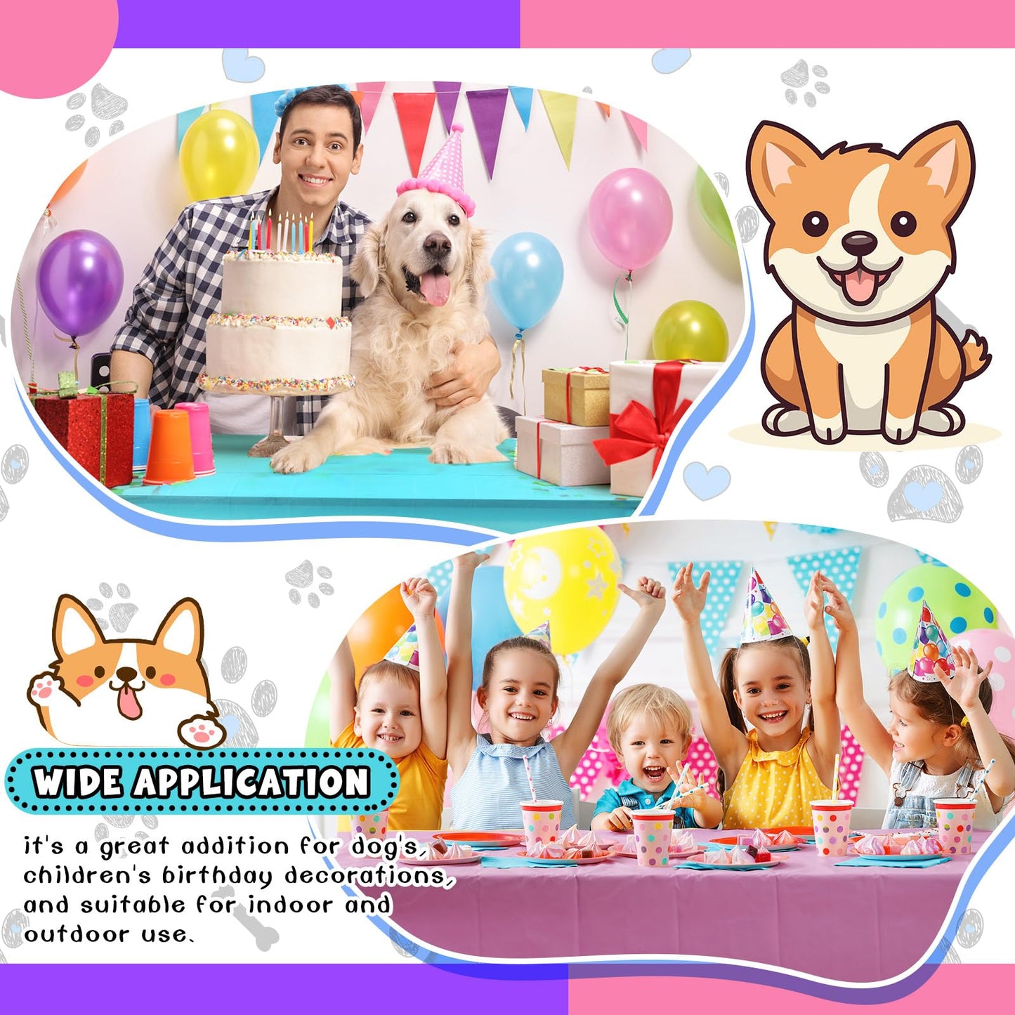 Dunzoom 4 Pack Puppy Dog Pet Paw Print Plastic Tablecloth 54 x 108 Inches Purple Teal Pink Table Cover Paw Print Disposable Rect