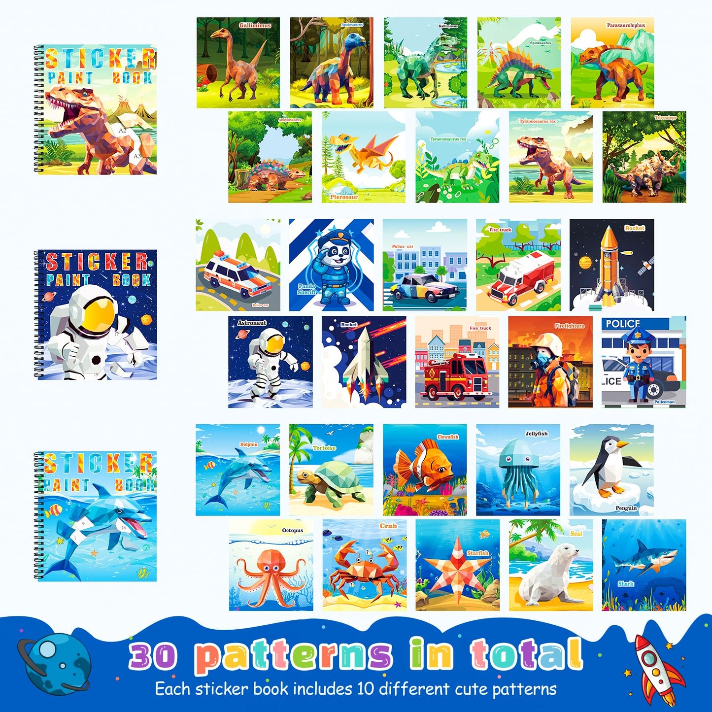 Homicozy 4Pcs Sticker Paint Books For Kids Ages 4-10,Dinosaur Astronaut Ocean Animals Designs Paint By Stickers,Sticker By Numbers,Party Birthday Gifts For Boys 4-10,Create 40 Pictures At A Time