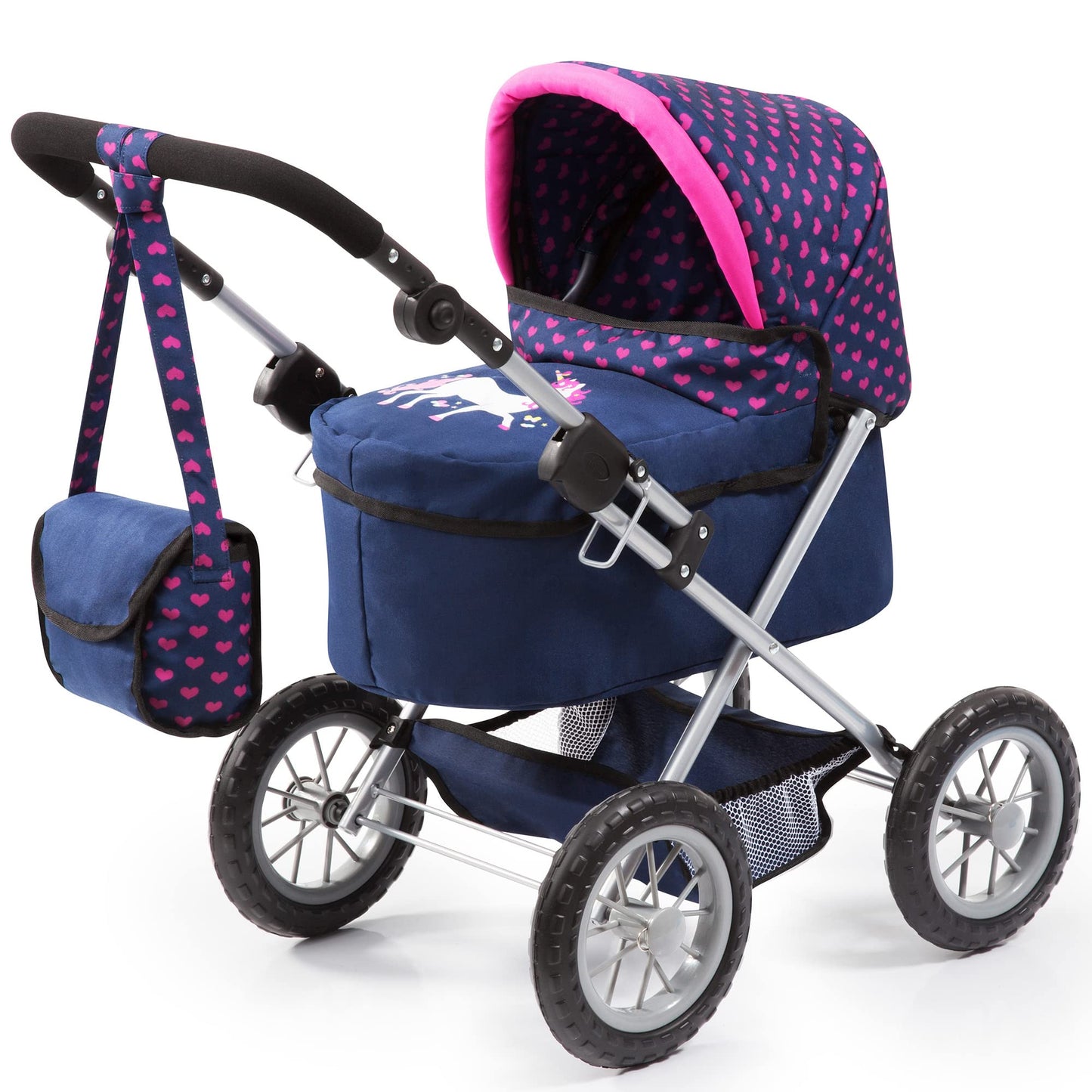 Bayer Design Dolls: Trendy Pram - Blue, Pink, Hearts - Includes Shoulder Bag, Fits Dolls Up to 18, Adjustable Handle, Kids Prete