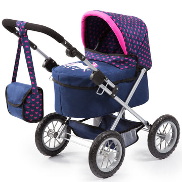 Bayer Design Dolls: Trendy Pram - Blue, Pink, Hearts - Includes Shoulder Bag, Fits Dolls Up to 18, Adjustable Handle, Kids Prete