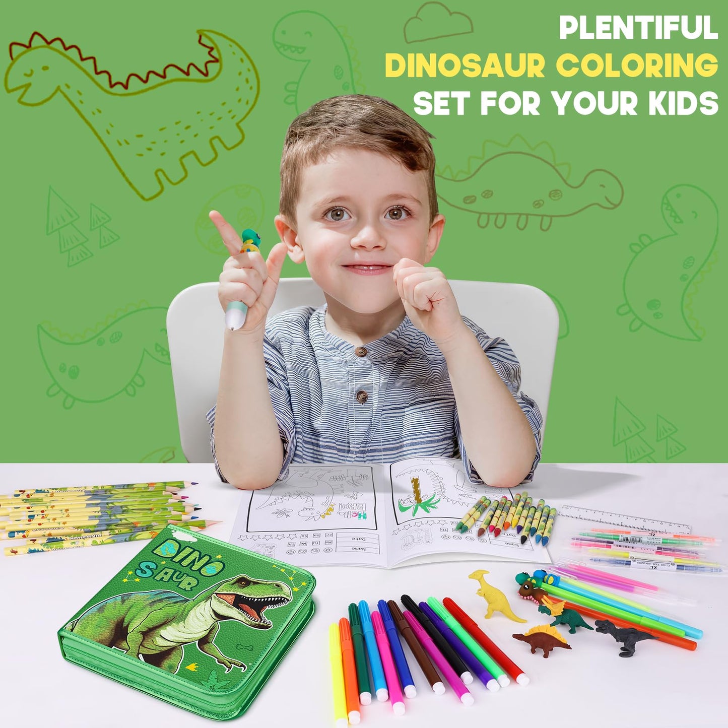 Fruit Scented Markers Set 57Pcs With Glitter Dinosaur Pencil Case & Stationery, Art Supplies For Kids Ages 4-6-8, Art Coloring K