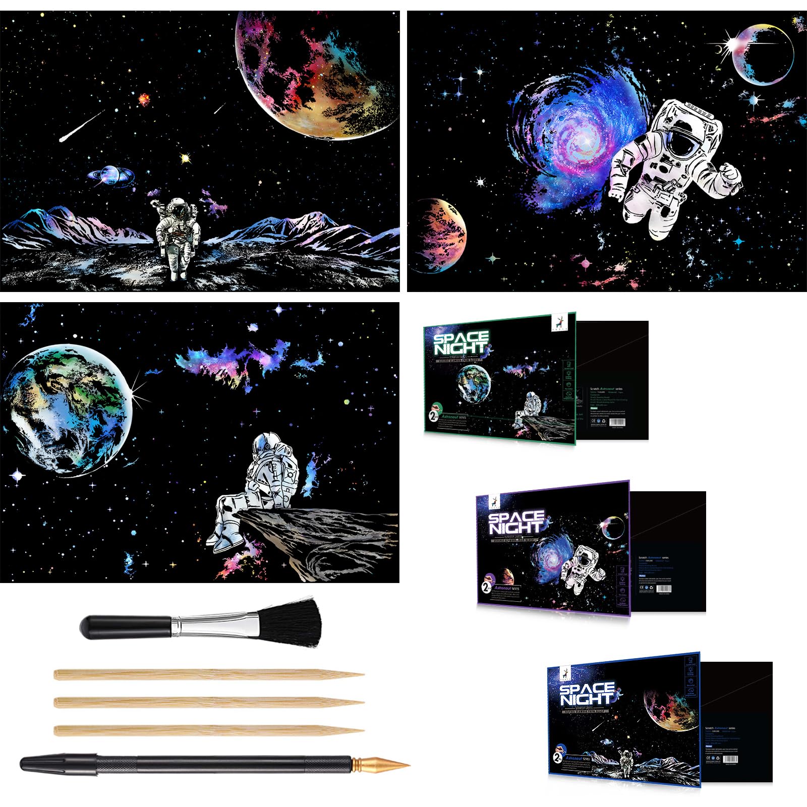 3 Pack Scratch Art Paper Set (16x11.2) Space Series Series Creative Rainbow Sketches Engraving Craft Kit for Kids & Adults - Cos