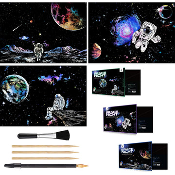 3 Pack Scratch Art Paper Set (16x11.2) Space Series Series Creative Rainbow Sketches Engraving Craft Kit for Kids & Adults - Cos